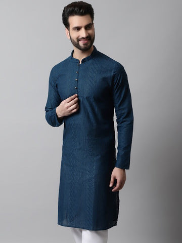 Men Navy Blue Embroidered Pure Cotton Kurta