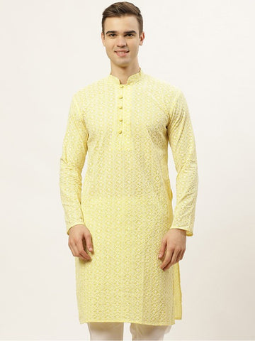 Men Yellow Thread Work Embroidered Chikankari Pure Cotton Kurta
