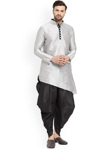 Silver Ethnic Motifs Printed Mandarin Collar Designer Kurta with Dhoti Pants
