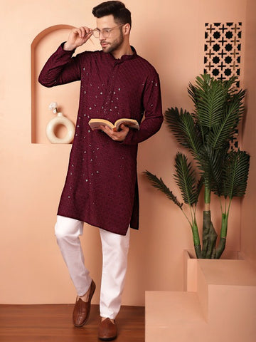 Maroon Ethnic Motifs Embroidered Sequinned Mandarin Collar Straight Kurta