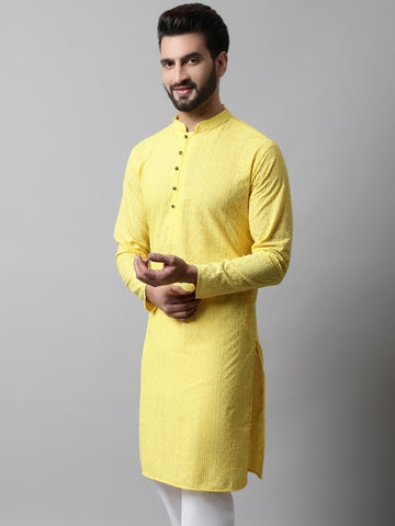 Men Yellow Embroidered Pure Cotton Kurta