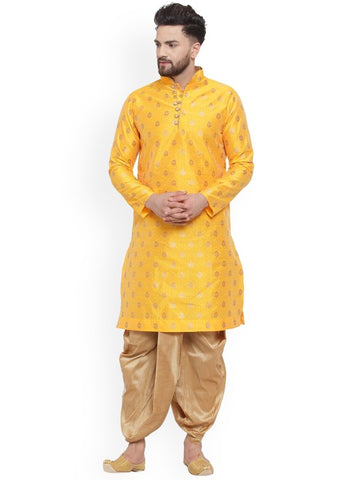 Yellow Ethnic Motifs Woven Design Mandarin Collar Kurta with Dhoti Pants