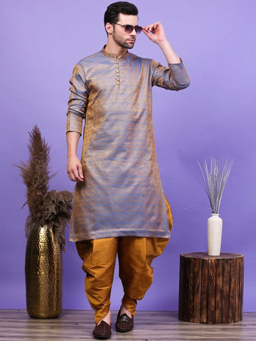 Blue Ethnic Motifs Woven Design Mandarin Collar Straight Kurta with Patiala