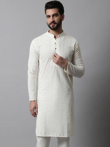 Men Cream-Coloured Ethnic Motifs Embroidered Cotton Kurta