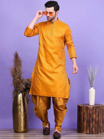 Yellow Ethnic Motifs Woven Design Mandarin Collar Straight Kurta with Patiala