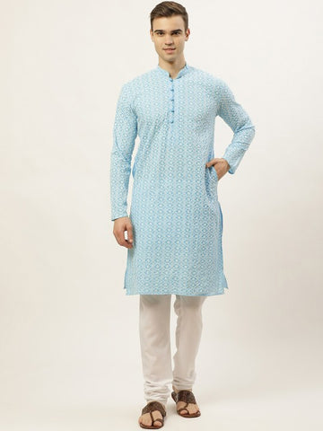 Men Turquoise Blue & White Floral Embroidered Pure Cotton Kurta
