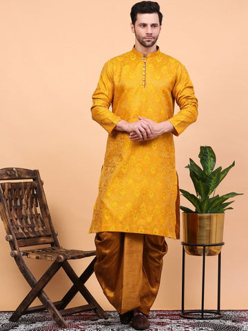 Yellow Ethnic Motifs Woven Design Regular Zari Kurta With Dhoti Pants