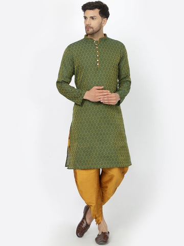 Green Ethnic Motifs Woven Design Mandarin Collar Jacquard Kurta with Dhoti Pants
