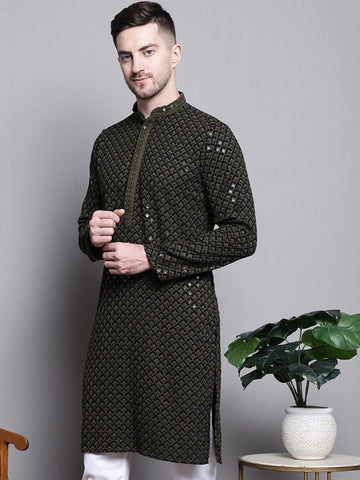 Mandarin collar Ethnic Motif Embroidered Thread Work Straight Cotton Kurta