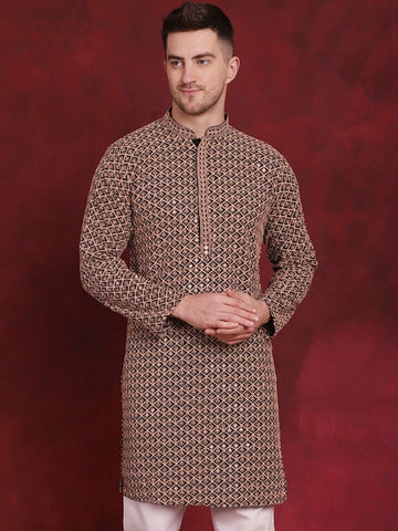 Men Mandarin collar Ethnic Motif Embroidered Thread Work Straight Cotton Kurta