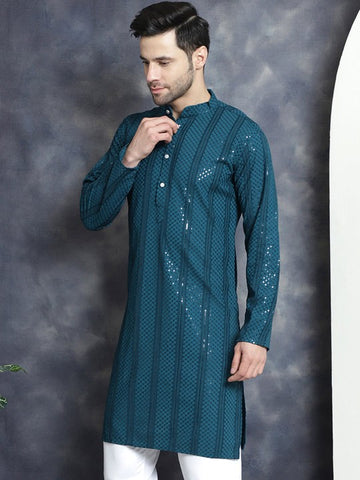 Geometric Sequins Chikankari Embroidered Band Collar Kurta
