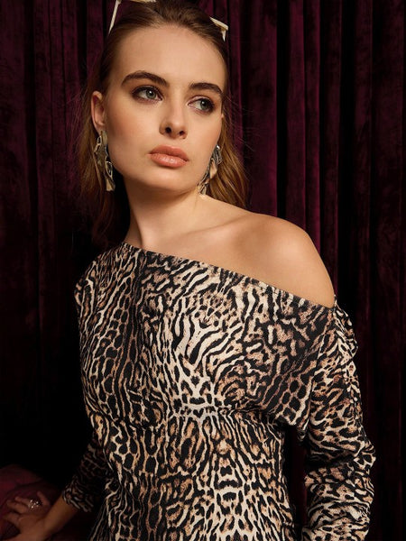 Women Animal Print A-Line Cold Shoulder Midi Dress VitansEthnics