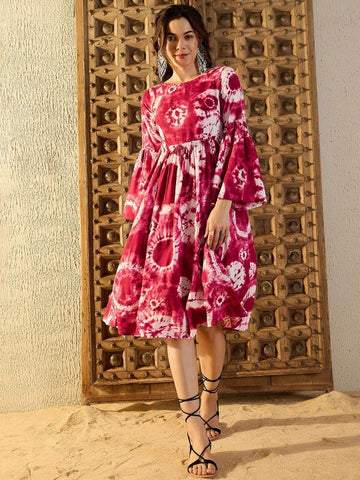 Women Tie and Dye Print Bell Sleeves Fit & Flare Dress VitansEthnics