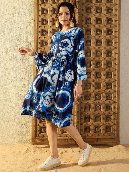 Women Tie and Dye Print Bell Sleeves Fit & Flare Dress (Copy) VitansEthnics