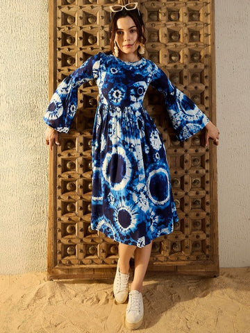 Women Tie and Dye Print Bell Sleeves Fit & Flare Dress (Copy) VitansEthnics