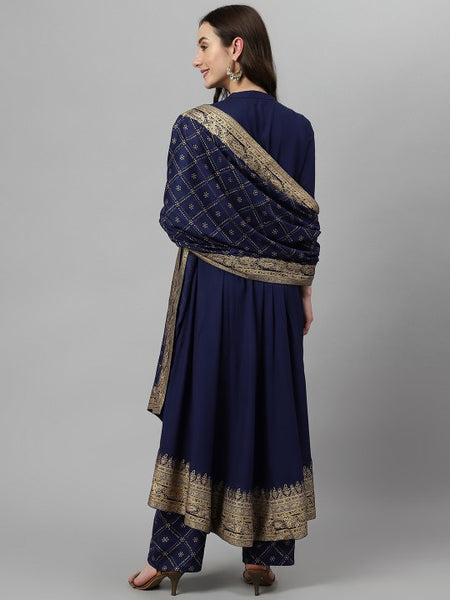 Women Dark Blue Ethnic Motifs Printed Empire Kurta with Palazzos & Dupatta Set VitansEthnics