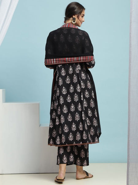 Black Ethnic Motifs Printed V-Neck Pure Cotton A-Line Kurta with Palazzos & Dupatta VitansEthnics