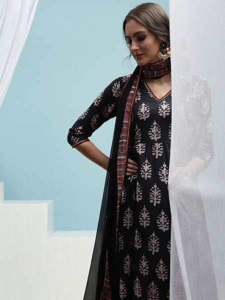 Black Ethnic Motifs Printed V-Neck Pure Cotton A-Line Kurta with Palazzos & Dupatta VitansEthnics