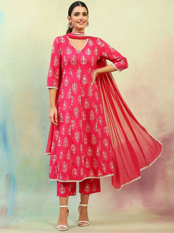 Pink Ethnic Motifs Printed V-Neck Pure Cotton A-Line Kurta with Palazzos & Dupatta (Copy) VitansEthnics