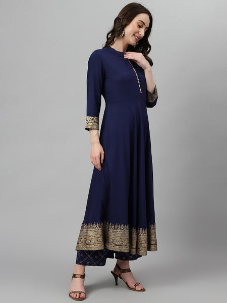 Women Dark Blue Ethnic Motifs Printed Empire Kurta with Palazzos & Dupatta Set VitansEthnics