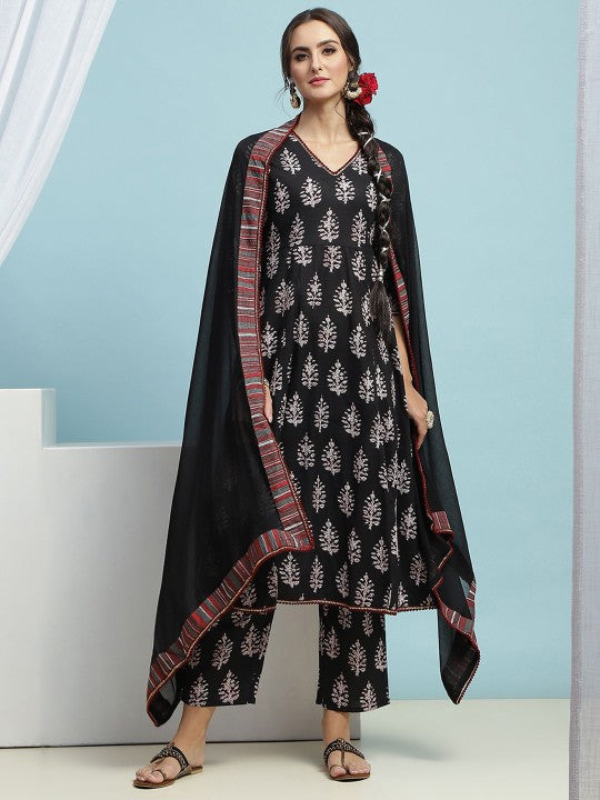 Black Ethnic Motifs Printed V-Neck Pure Cotton A-Line Kurta with Palazzos & Dupatta VitansEthnics