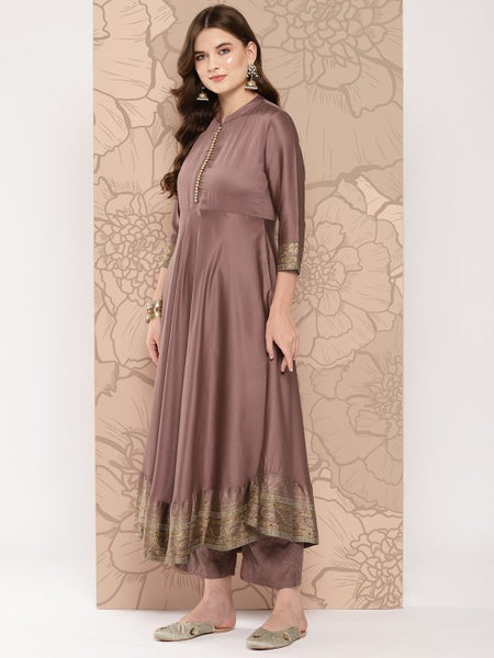 Women Brown Ethnic Motifs Printed Empire Kurta with Palazzos & Dupatta Set VitansEthnics