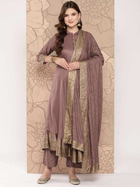 Women Brown Ethnic Motifs Printed Empire Kurta with Palazzos & Dupatta Set VitansEthnics