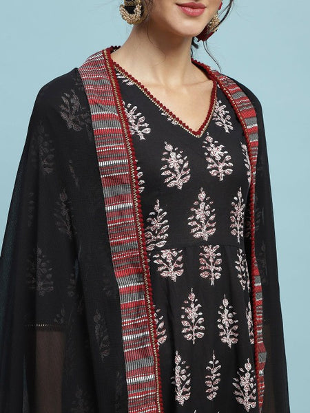 Black Ethnic Motifs Printed V-Neck Pure Cotton A-Line Kurta with Palazzos & Dupatta VitansEthnics