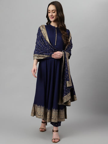 Women Dark Blue Ethnic Motifs Printed Empire Kurta with Palazzos & Dupatta Set VitansEthnics