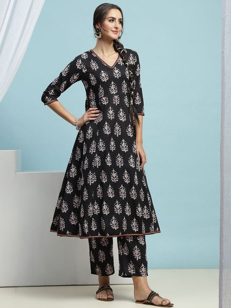 Black Ethnic Motifs Printed V-Neck Pure Cotton A-Line Kurta with Palazzos & Dupatta VitansEthnics