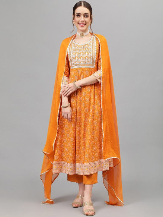 Women Yellow Floral Printed Thread Work Kurta With Palazzos & Dupatta Set VitansEthnics