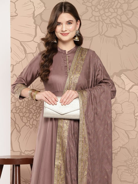 Women Brown Ethnic Motifs Printed Empire Kurta with Palazzos & Dupatta Set VitansEthnics