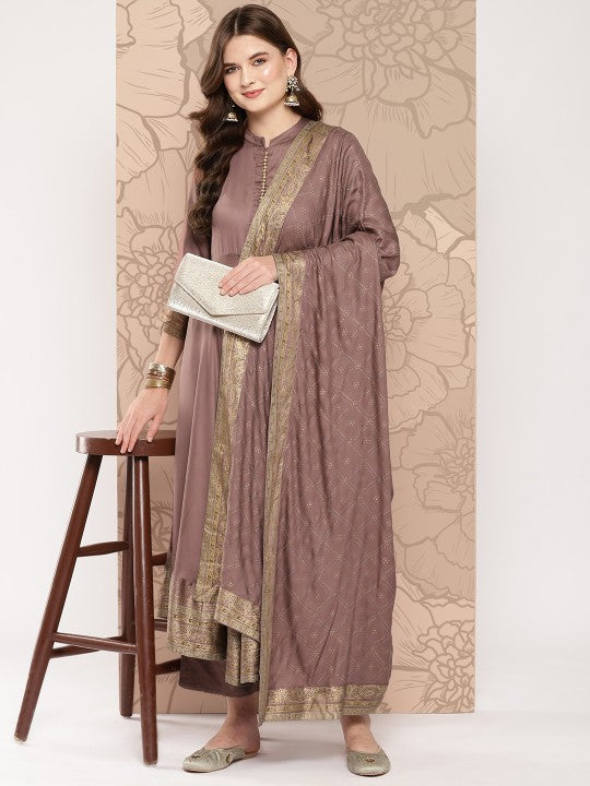 Women Brown Ethnic Motifs Printed Empire Kurta with Palazzos & Dupatta Set VitansEthnics