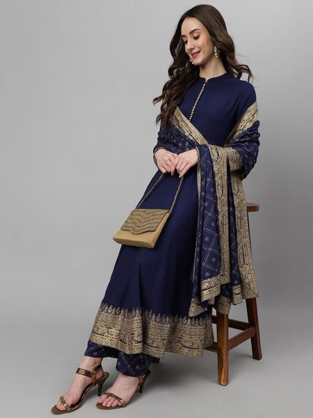 Women Dark Blue Ethnic Motifs Printed Empire Kurta with Palazzos & Dupatta Set VitansEthnics