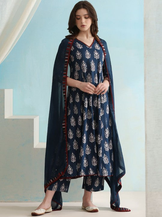 Ethnic Motifs Printed V-Neck Pure Cotton A-Line Kurta with Palazzos & Dupatta (Copy) VitansEthnics