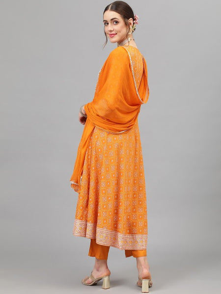 Women Yellow Floral Printed Thread Work Kurta With Palazzos & Dupatta Set VitansEthnics