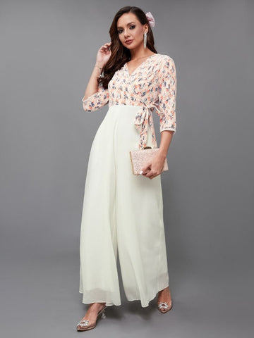 Indo Western Off White & Peach Floral Printed V-Neck Basic Jumpsuit For Women VitansEthnics