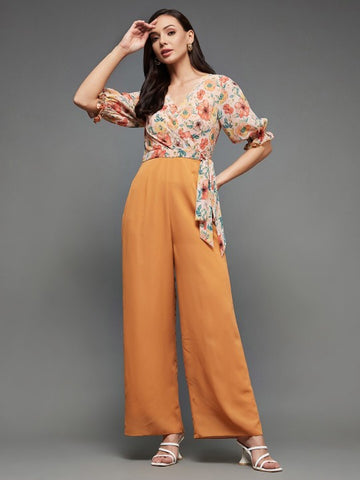 Indo Western Mustard Yellow Floral Printed V-Neck Basic Jumpsuit For Women VitansEthnics