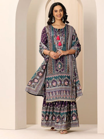 Women Ethnic Motifs Printed Tie-Up Neck Kurta With Sharara And Dupatta Indian Suit Set VitansEthnics
