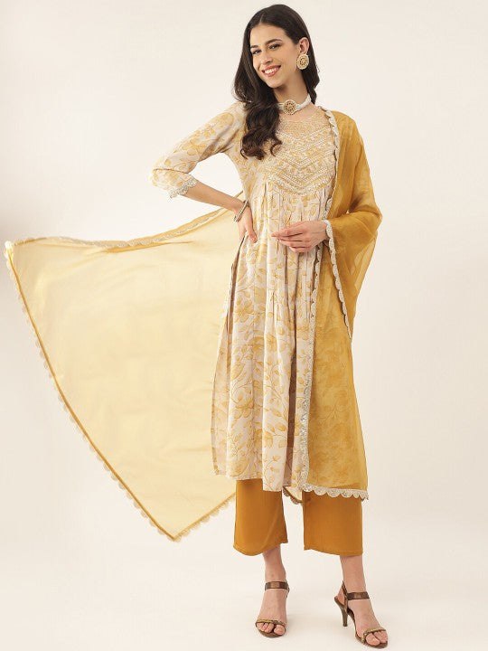 Women Yellow Floral Printed Thread Work Sequined Kurta with Palazzos & Dupatta Set VitansEthnics