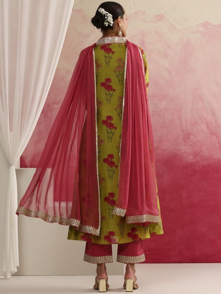 Women Green Floral Printed Sequinned Anarkali Kurta with Palazzos & Dupatta Set VitansEthnics