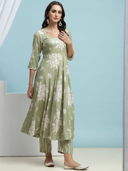 Green Floral Printed Sequinned Sweetheart Neck Anarkali Kurta With Palazzo & Dupatta (Copy) VitansEthnics