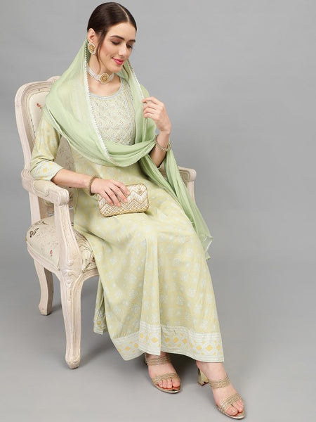 Women Sea Green Floral Printed Thread Work Kurta With Palazzos & Dupatta Set (Copy) VitansEthnics