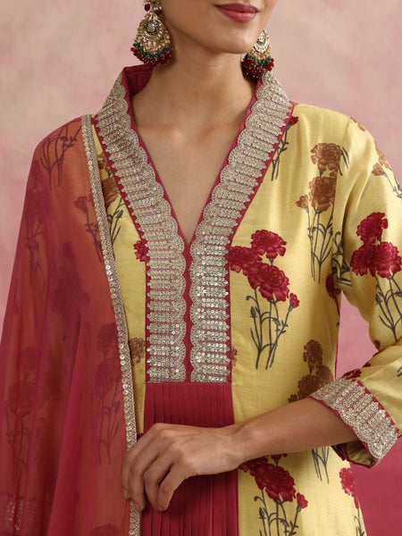 Women Yellow Floral Printed Sequinned Anarkali Kurta with Palazzos & Dupatta Set (Copy) VitansEthnics