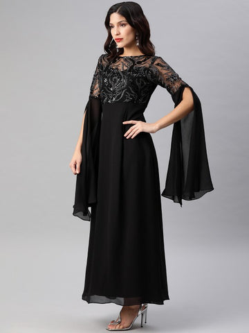 Black Embellished Chiffon Maxi Dress for Women (Copy) VitansEthnics