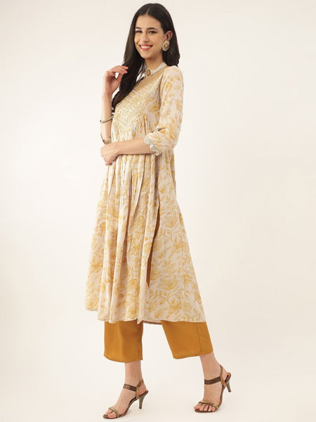 Women Yellow Floral Printed Thread Work Sequined Kurta with Palazzos & Dupatta Set VitansEthnics