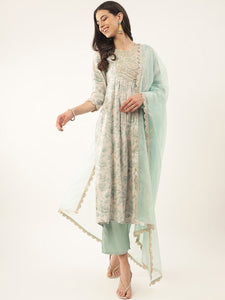 Women Green Floral Printed Thread Work Sequined Kurta with Palazzos & Dupatta Set VitansEthnics