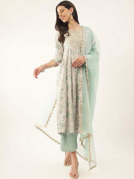 Women Green Floral Printed Thread Work Sequined Kurta with Palazzos & Dupatta Set VitansEthnics