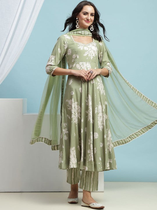 Green Floral Printed Sequinned Sweetheart Neck Anarkali Kurta With Palazzo & Dupatta (Copy) VitansEthnics