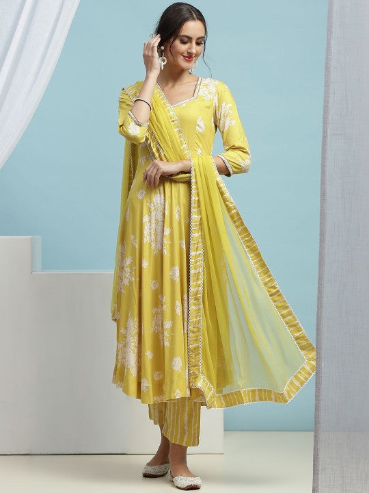 Floral Printed Sequinned Sweetheart Neck Anarkali Kurta With Palazzo & Dupatta (Copy) VitansEthnics